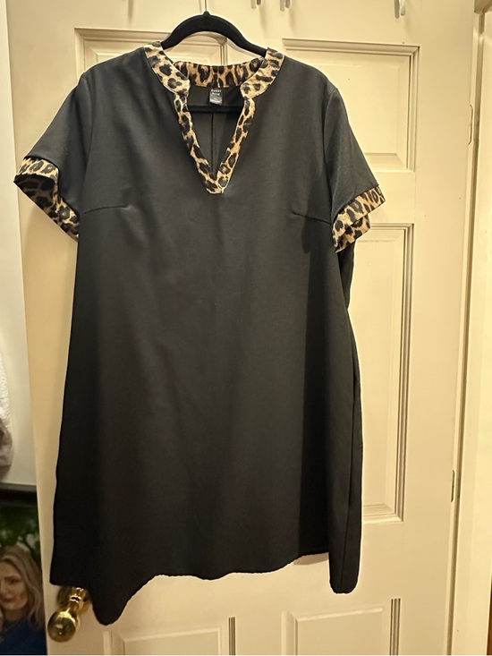 Emery Rose Dresses & Skirts - Black Mini Dress with Leopard Trim - Women's Shift Dress